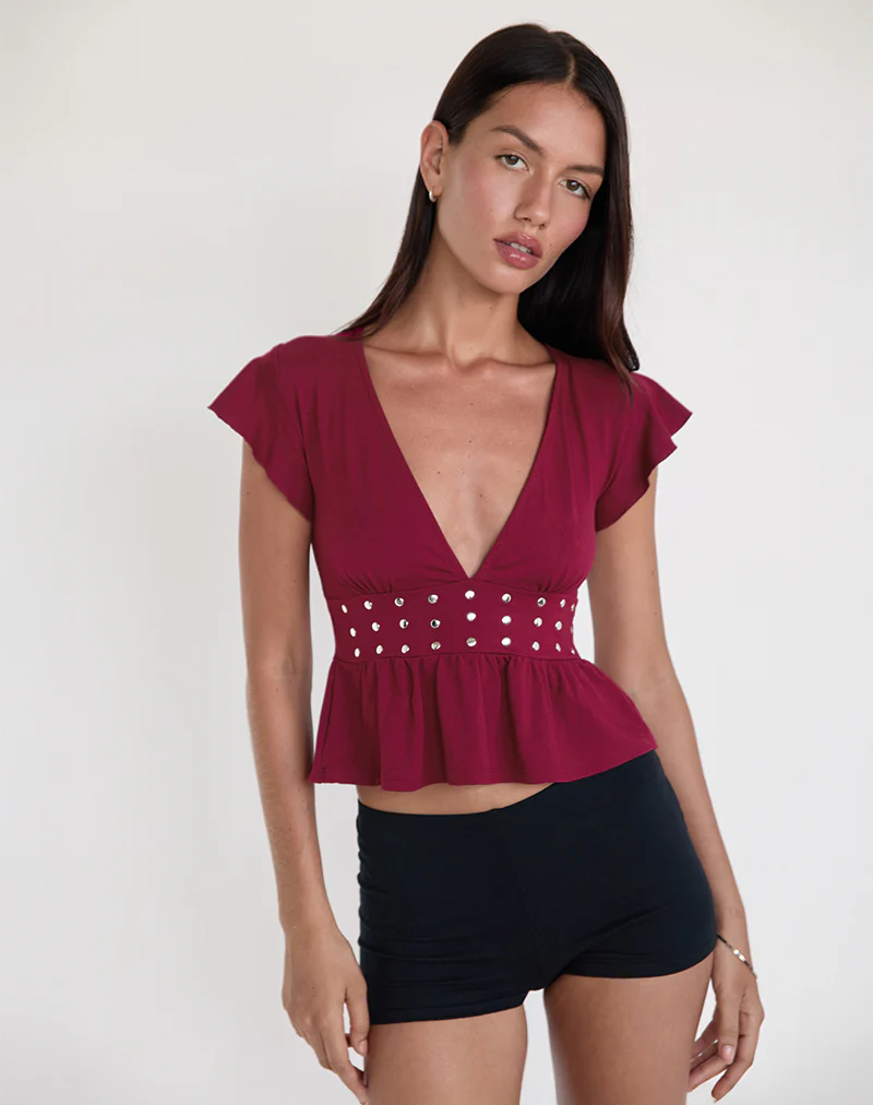 Leisma Frill Top in Jersey Burgundy with Studs - Image 3