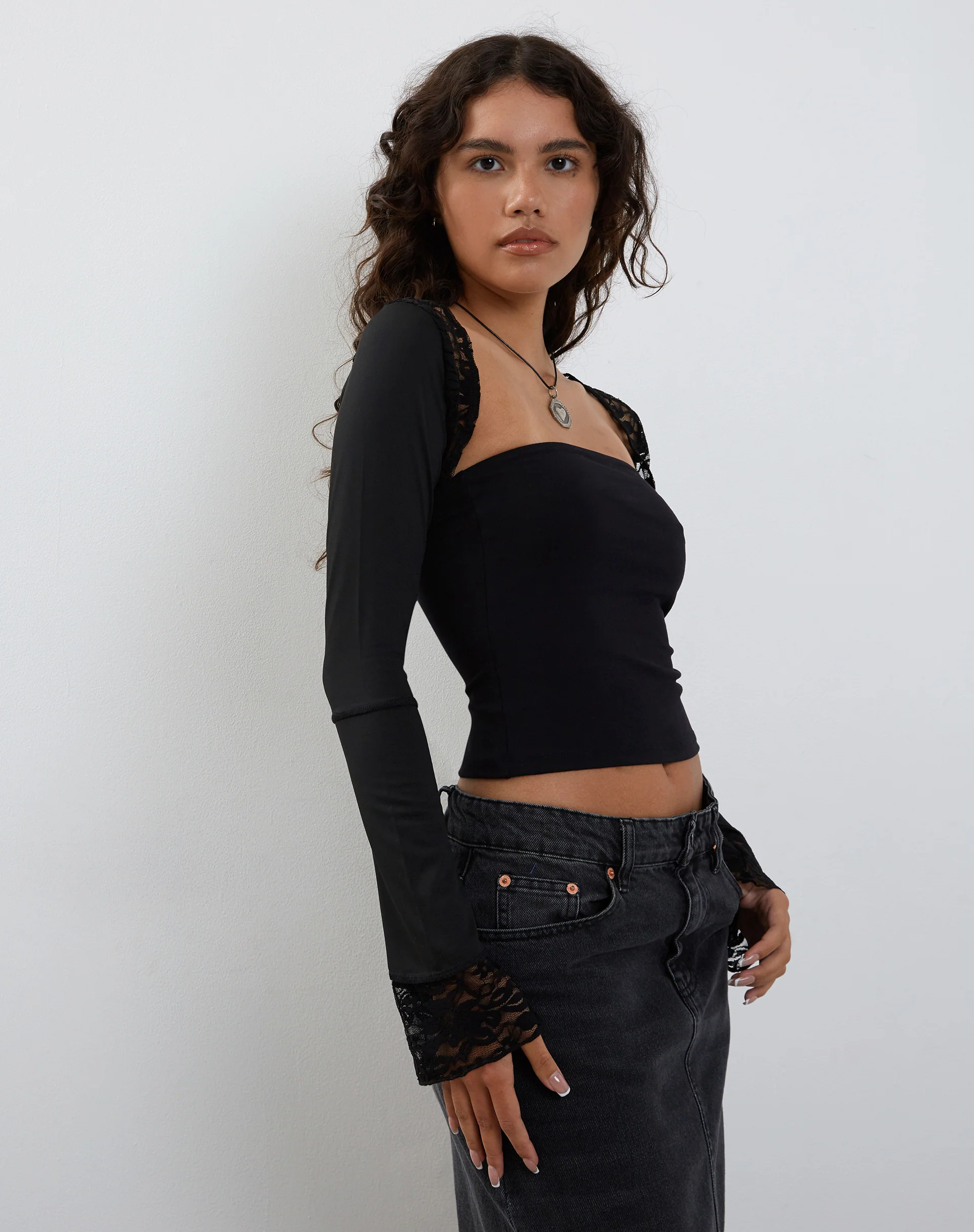 Lenny Lace Shrug Top in Slinky Black with Black Lace Trim - Image 2