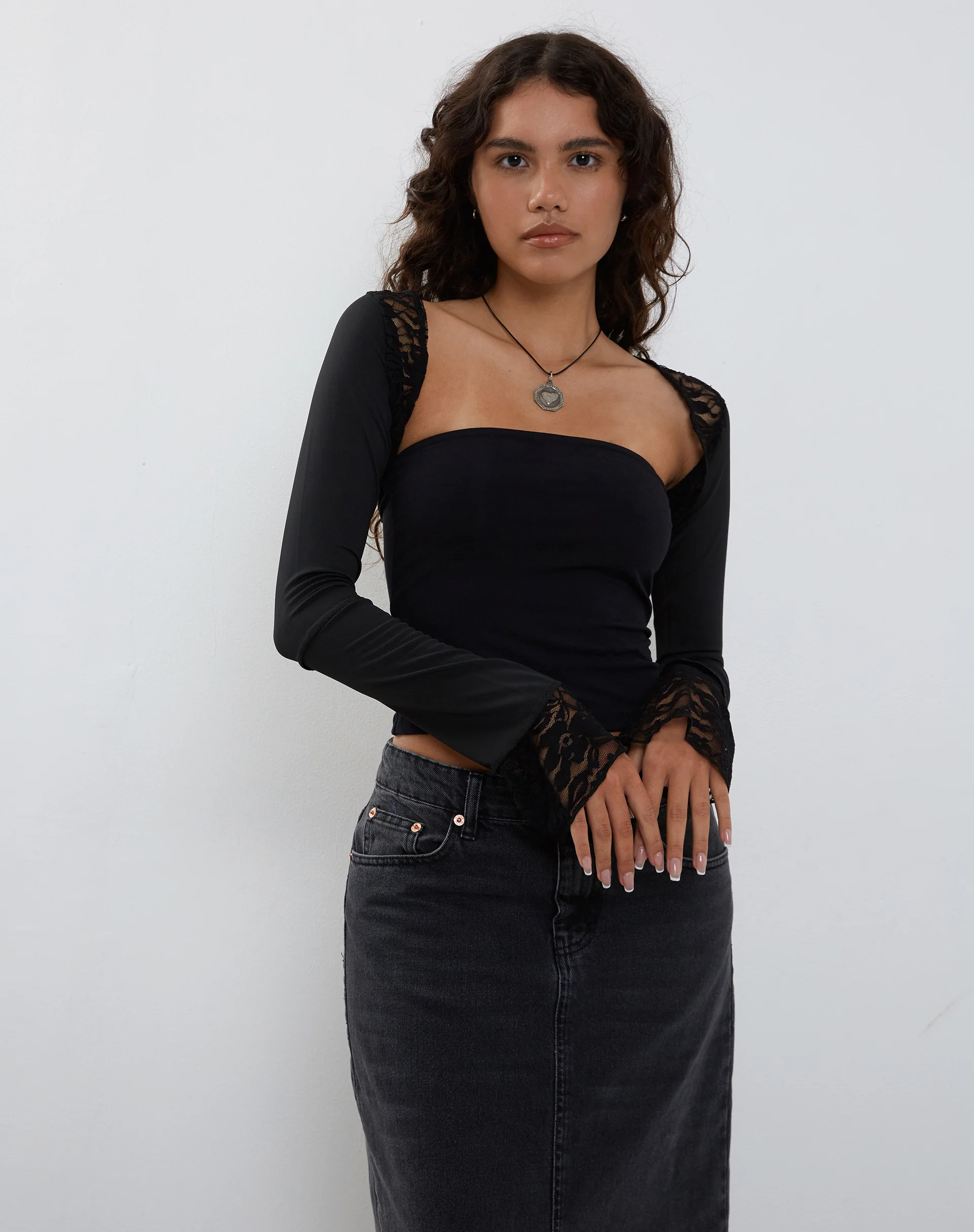 Lenny Lace Shrug Top in Slinky Black with Black Lace Trim - Image 3