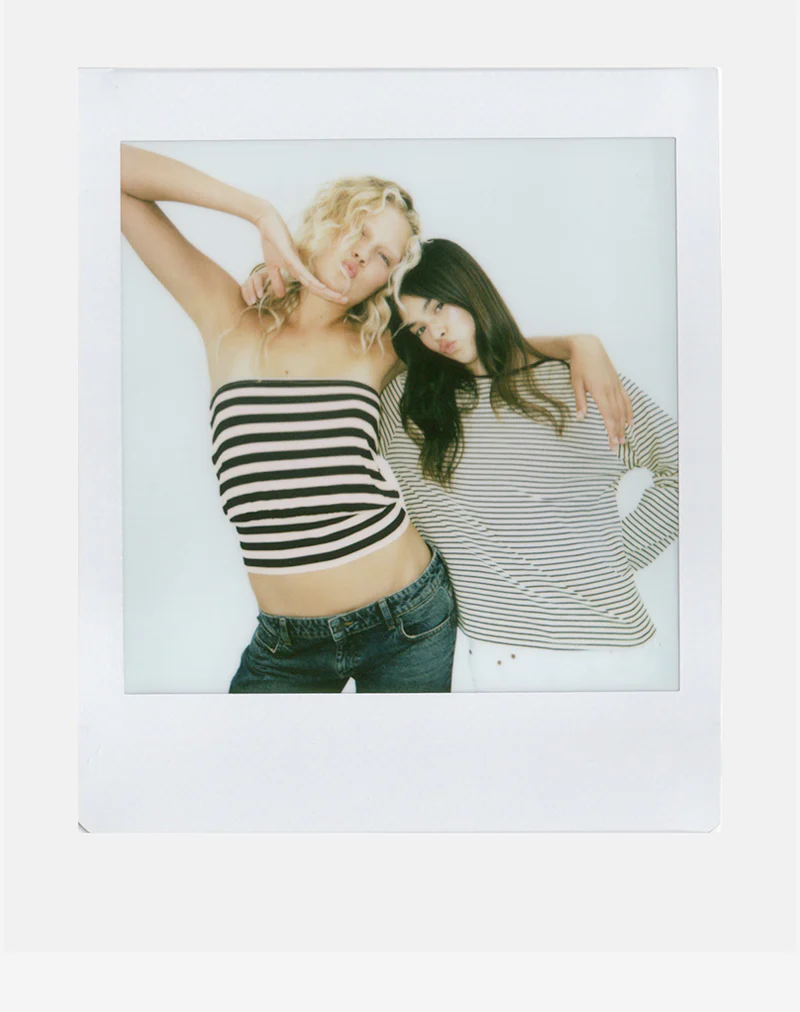 Leocadia Bandeau Top in Cupro Stripe Black and Ivory - Image 5