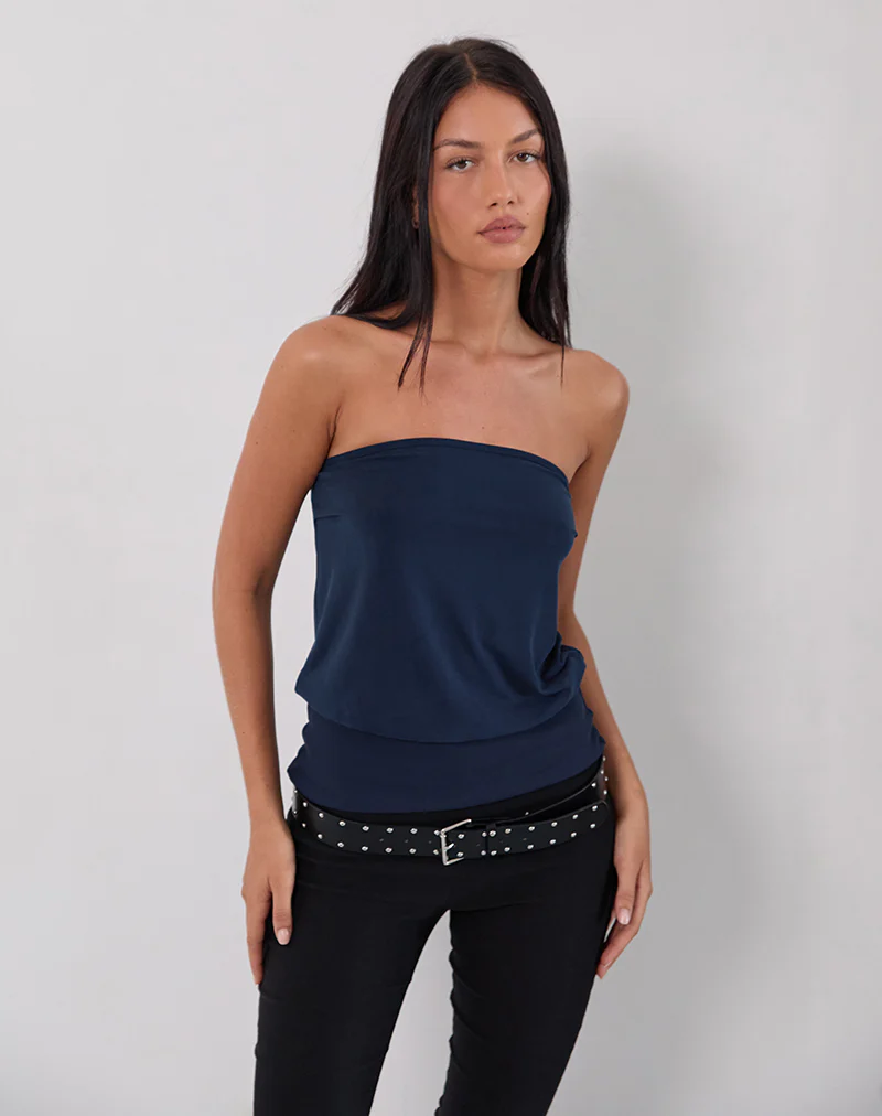 Leocadia Long Bandeau Top In Cupro Navy - Image 4