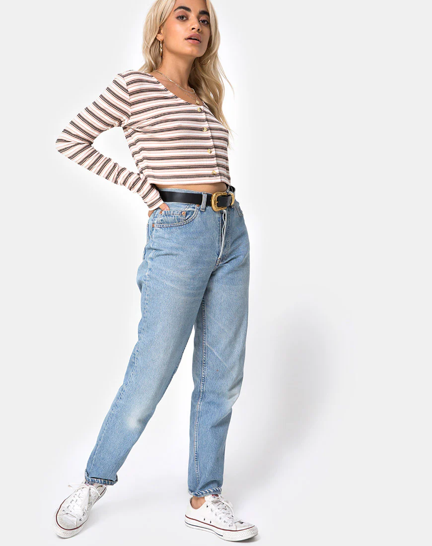 Lesea Crop Top in Rib Stripe Cream Black and Tan - Image 3
