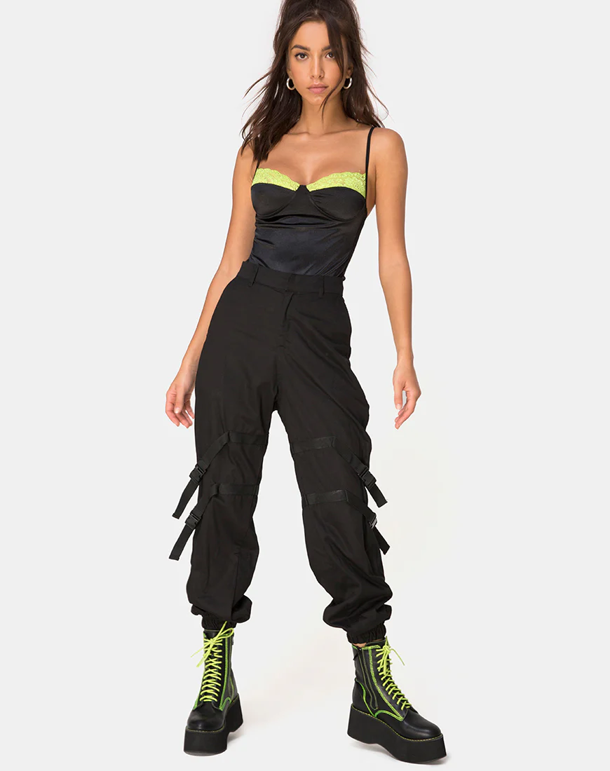 Letta Bodice in Satin Black with Lime Lace Trim - Image 3