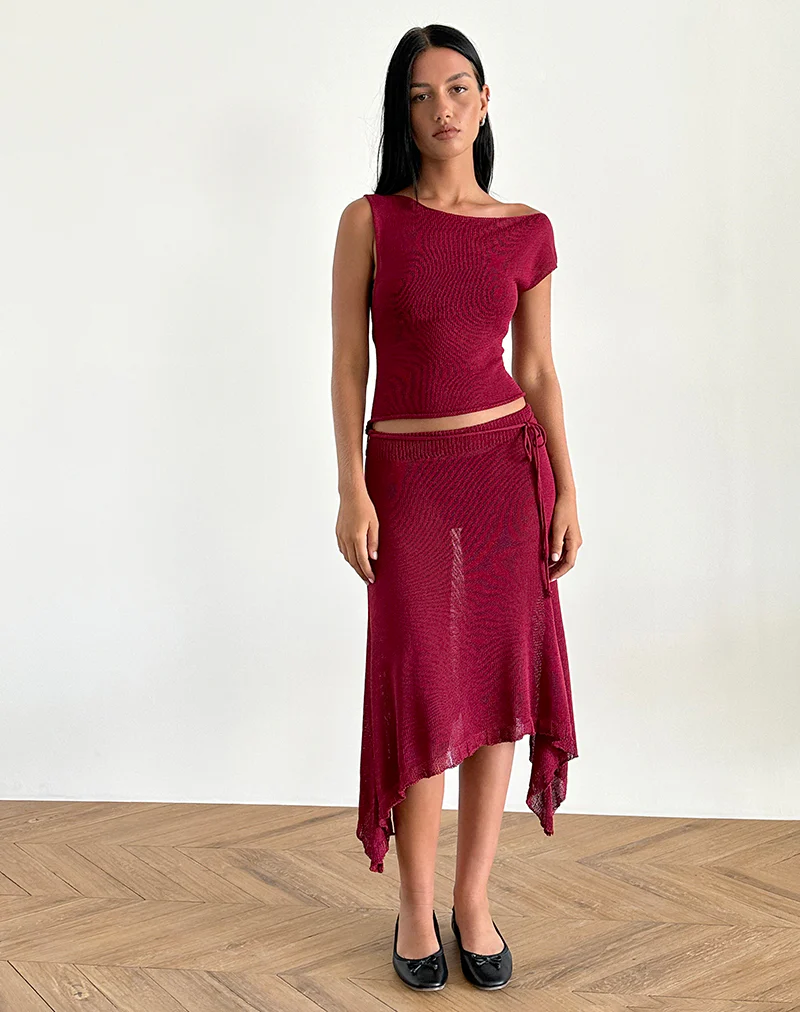 Leysa Midi Skirt in Sheer Knit Red - Image 3