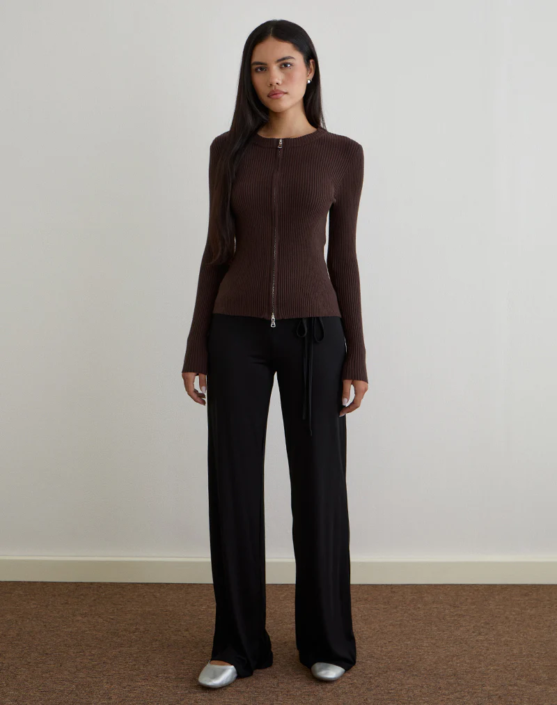 Liano Zip Cardigan in Rib Knit Brown - Image 2