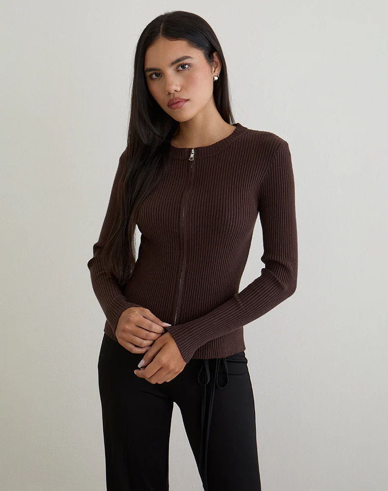 Liano Zip Cardigan in Rib Knit Brown - Image 3
