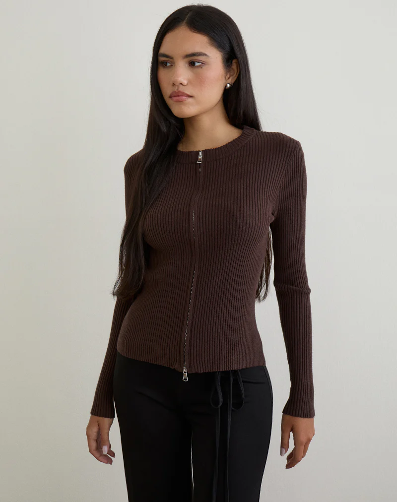 Liano Zip Cardigan in Rib Knit Brown - Image 4