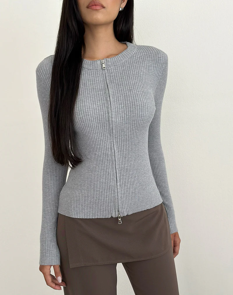 Liano Zip Cardigan in Rib Knit Grey - Image 3