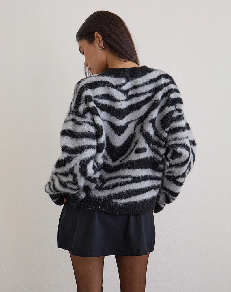 Liliana Cardigan in Knit Big Zebra Black and Grey - Image 4