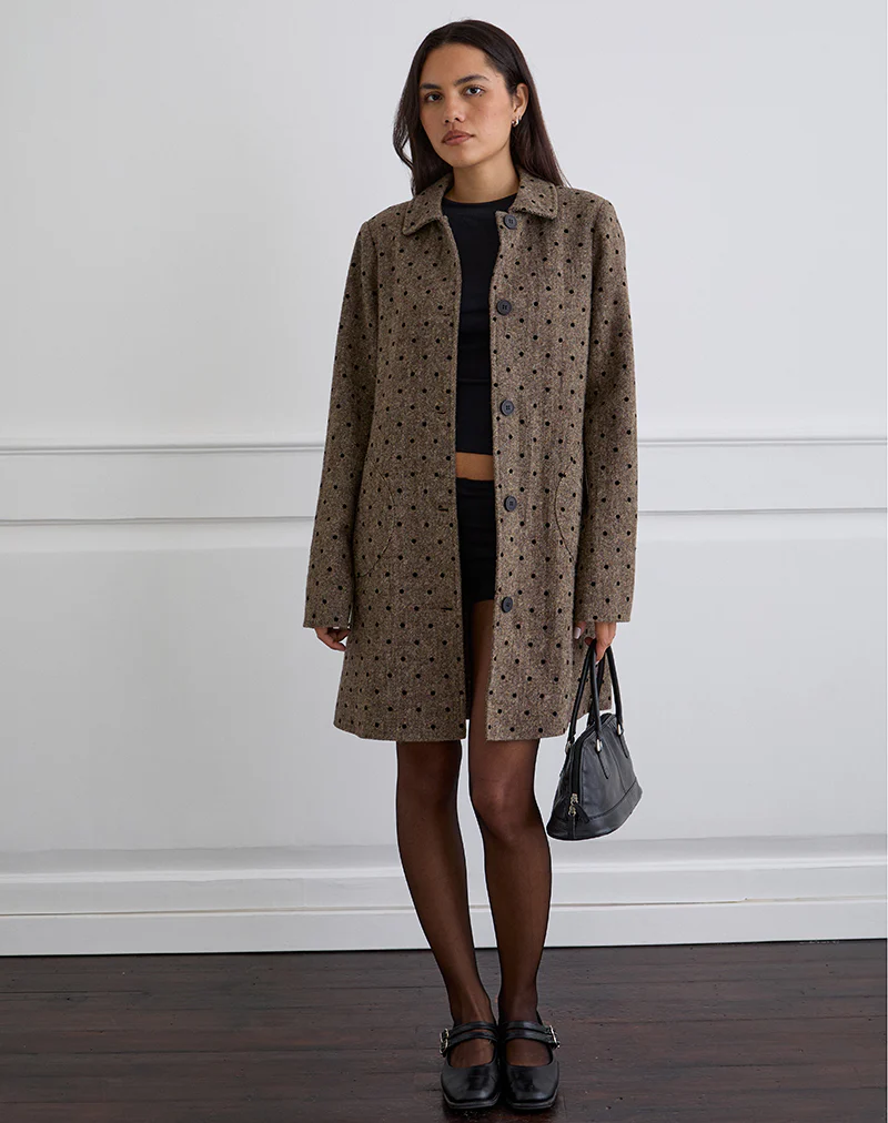 Lirena Longline Coat in Polka Brown - Image 3