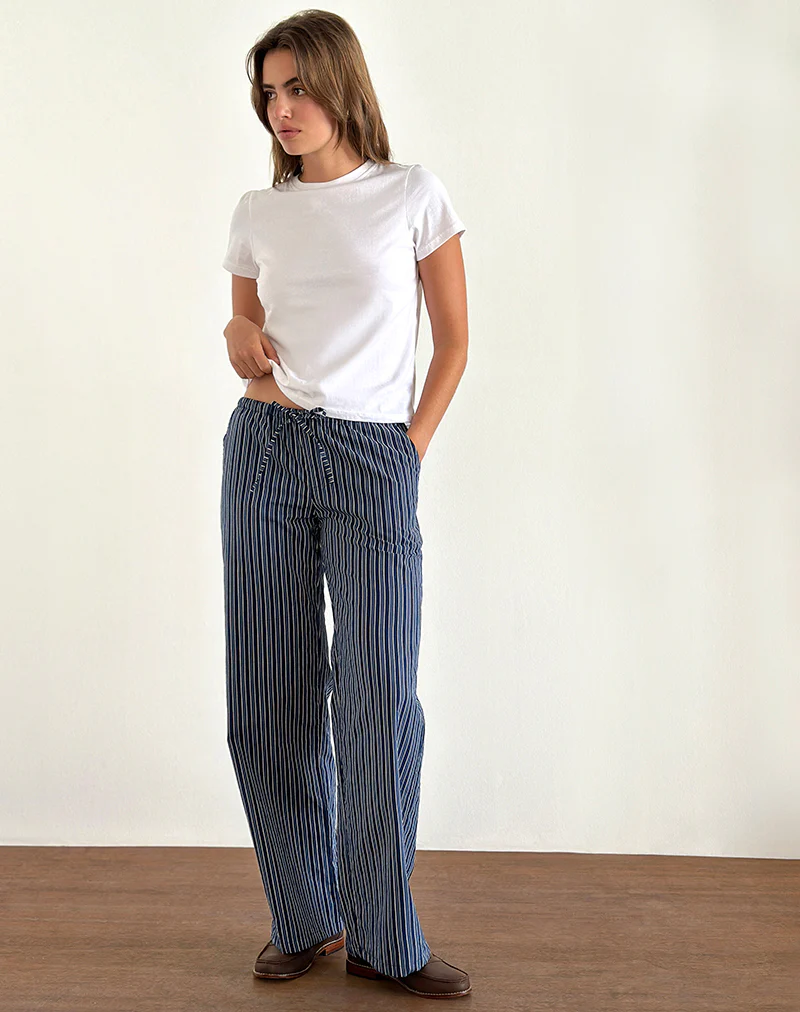 Lirura Wide Leg Trousers in Indigo Stripe Dark Blue - Image 3