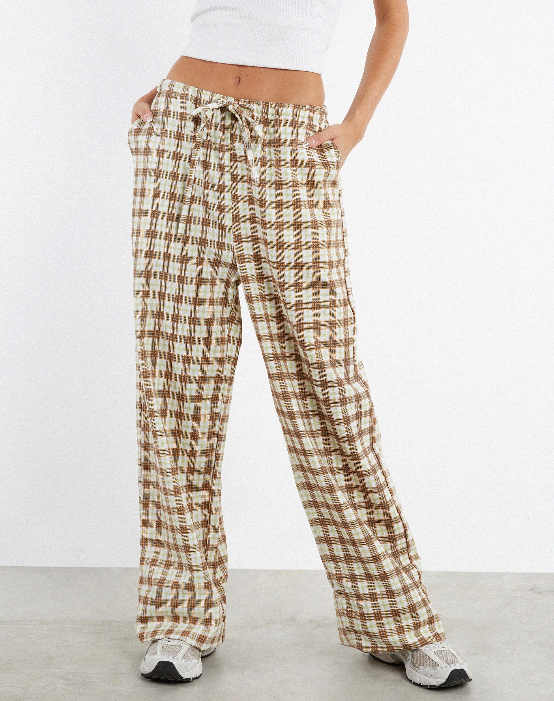 Lirura Wide Leg Trouser in Yellow and Brown Check - Image 2
