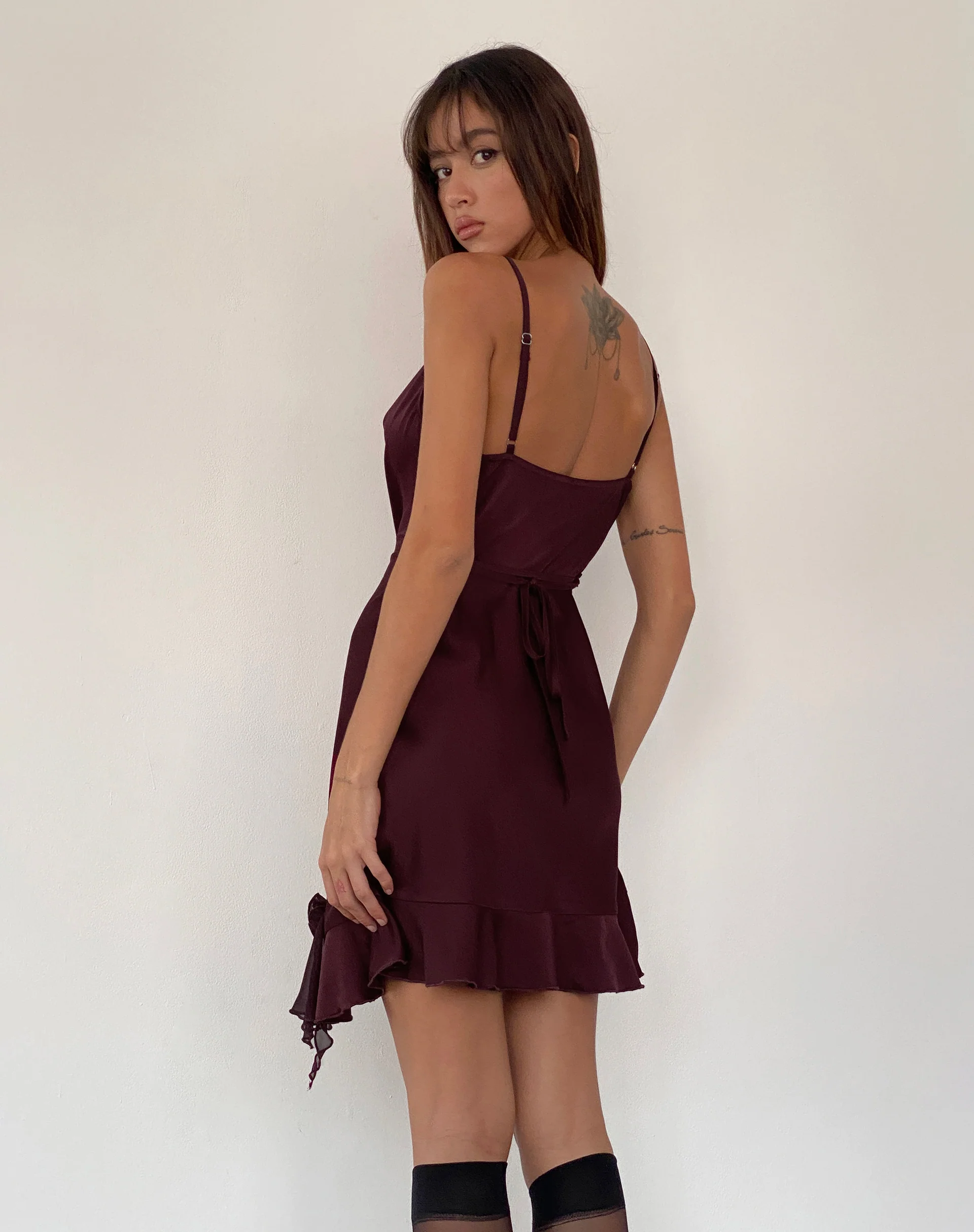 Litera Ruffle Mini Dress in Deep Plum with Rosette - Image 5