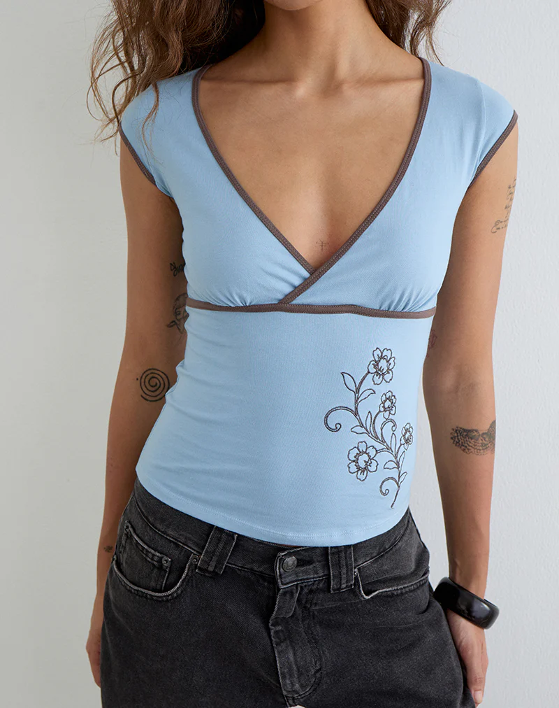 Liuvia Top in Nantucket Blue with Coffee Quartz Binding and Flower Embroidery - Image 2