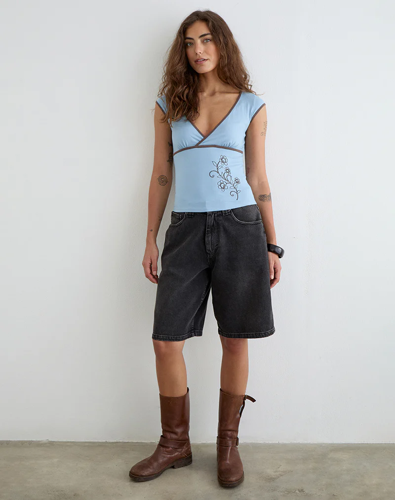 Liuvia Top in Nantucket Blue with Coffee Quartz Binding and Flower Embroidery - Image 3