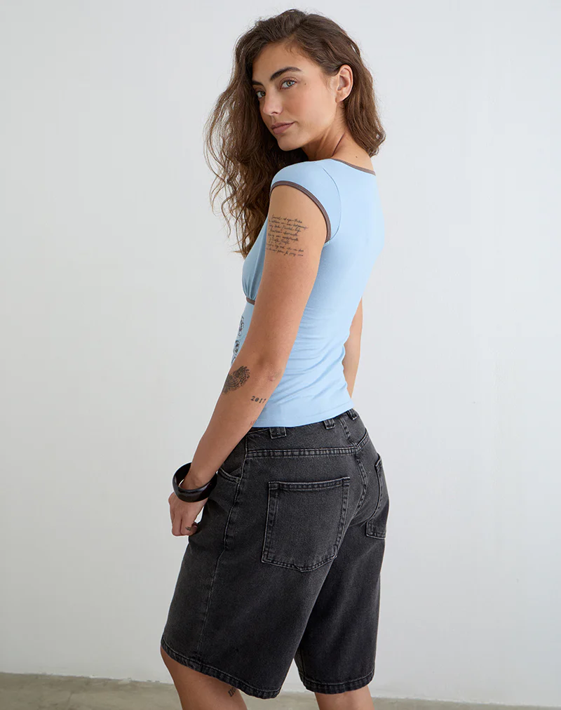 Liuvia Top in Nantucket Blue with Coffee Quartz Binding and Flower Embroidery - Image 5