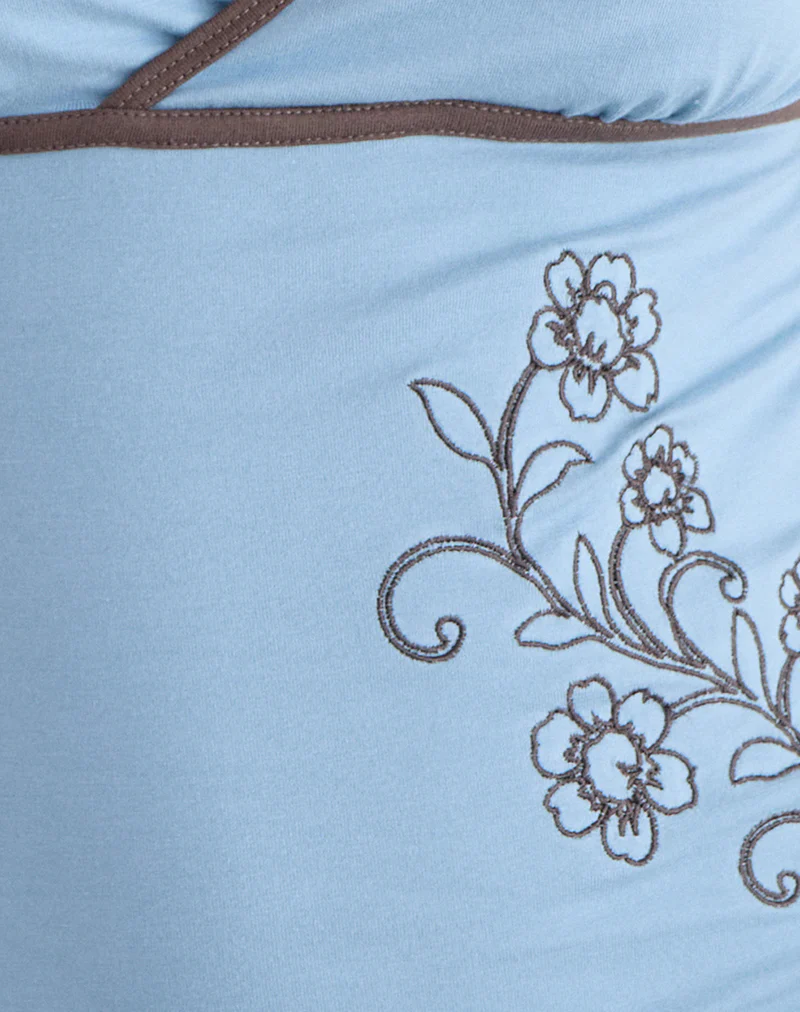 Liuvia Top in Nantucket Blue with Coffee Quartz Binding and Flower Embroidery - Image 6