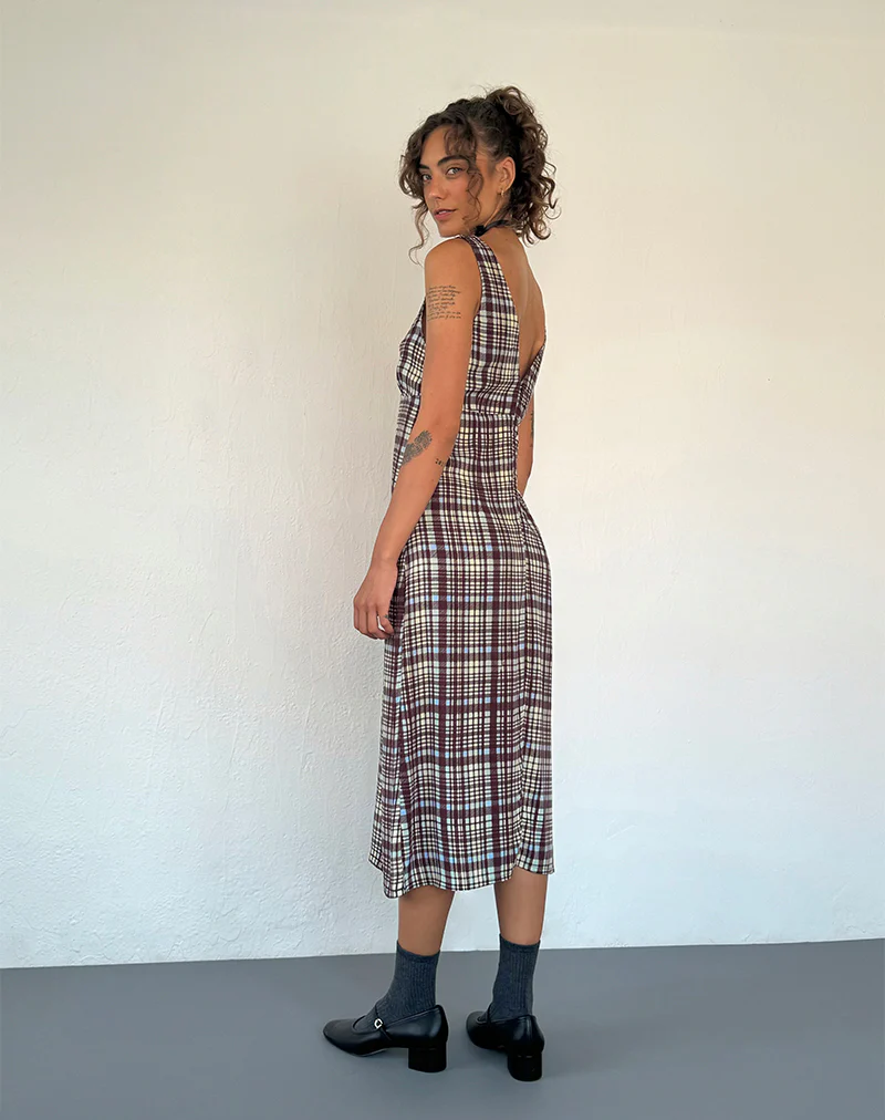 Liva Midi Dress in Multi Check Brown - Image 3