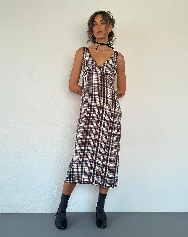 Liva Midi Dress in Multi Check Brown - Image 4