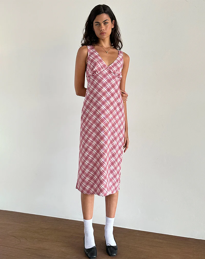 Liva Midi Dress in Pink Tartan - Image 3