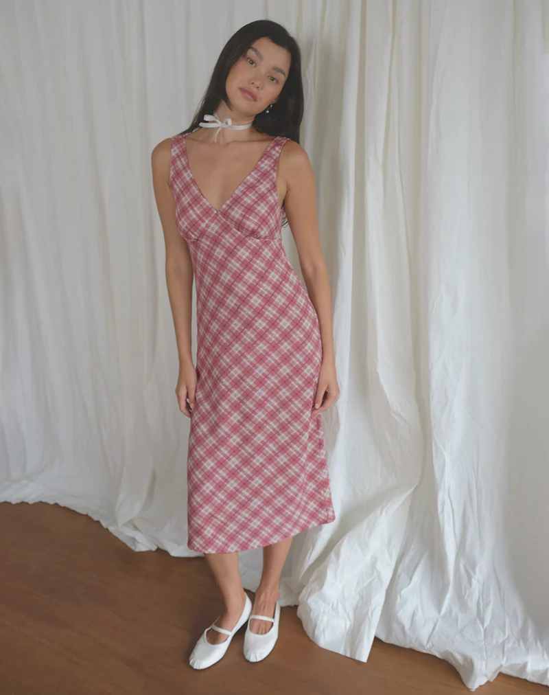 Liva Midi Dress in Pink Tartan - Image 4