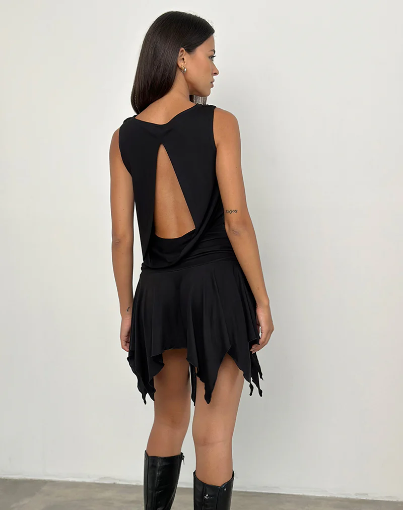 Lizella Hem Mini Dress in Cupro Black - Image 2