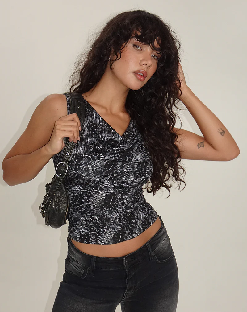 Lizette Cowl Neck Top in Midnight Floral Grey - Image 4
