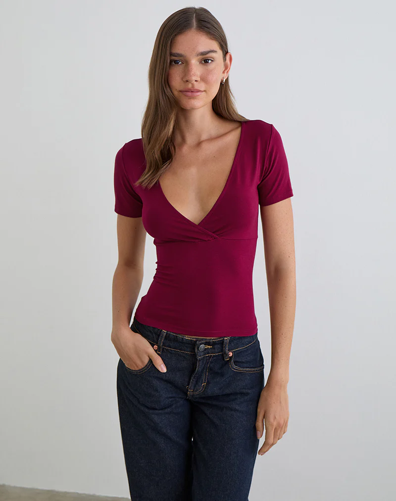 Lobos Crossover Top in Rayon Jersey Burgundy