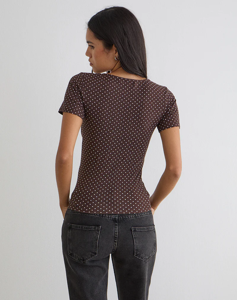 Lobos Crossover Top in Jersey Micro Polka Brown - Image 4