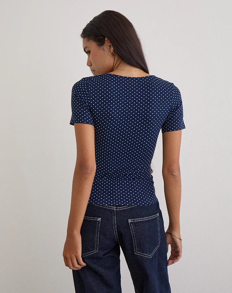 Lobos Crossover Top in Jersey Micro Polka Navy - Image 3