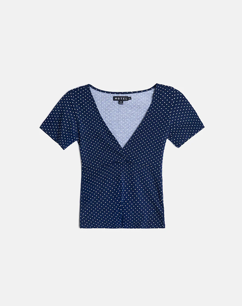 Lobos Crossover Top in Jersey Micro Polka Navy - Image 4