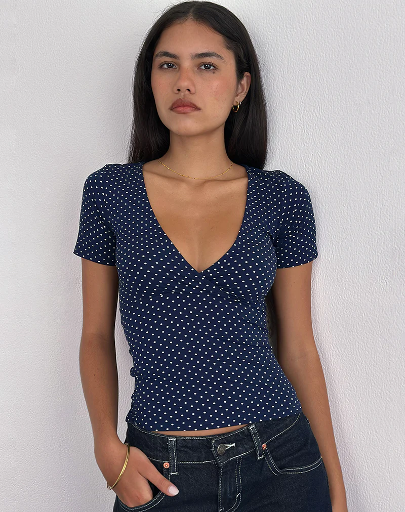 Lobos Crossover Top in Jersey Micro Polka Navy - Image 5