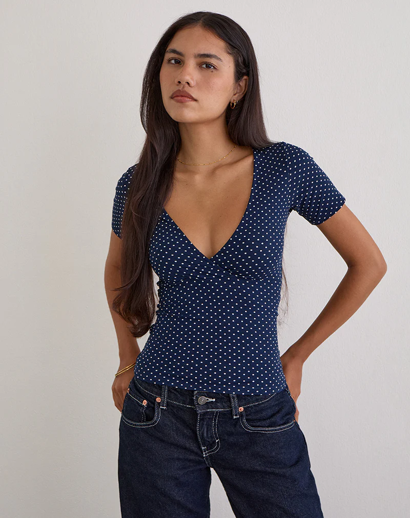 Lobos Crossover Top in Jersey Micro Polka Navy - Image 6
