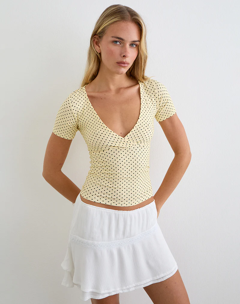 Lobos Crossover Top in Butter Yellow with Micro Polka Dots - Image 2