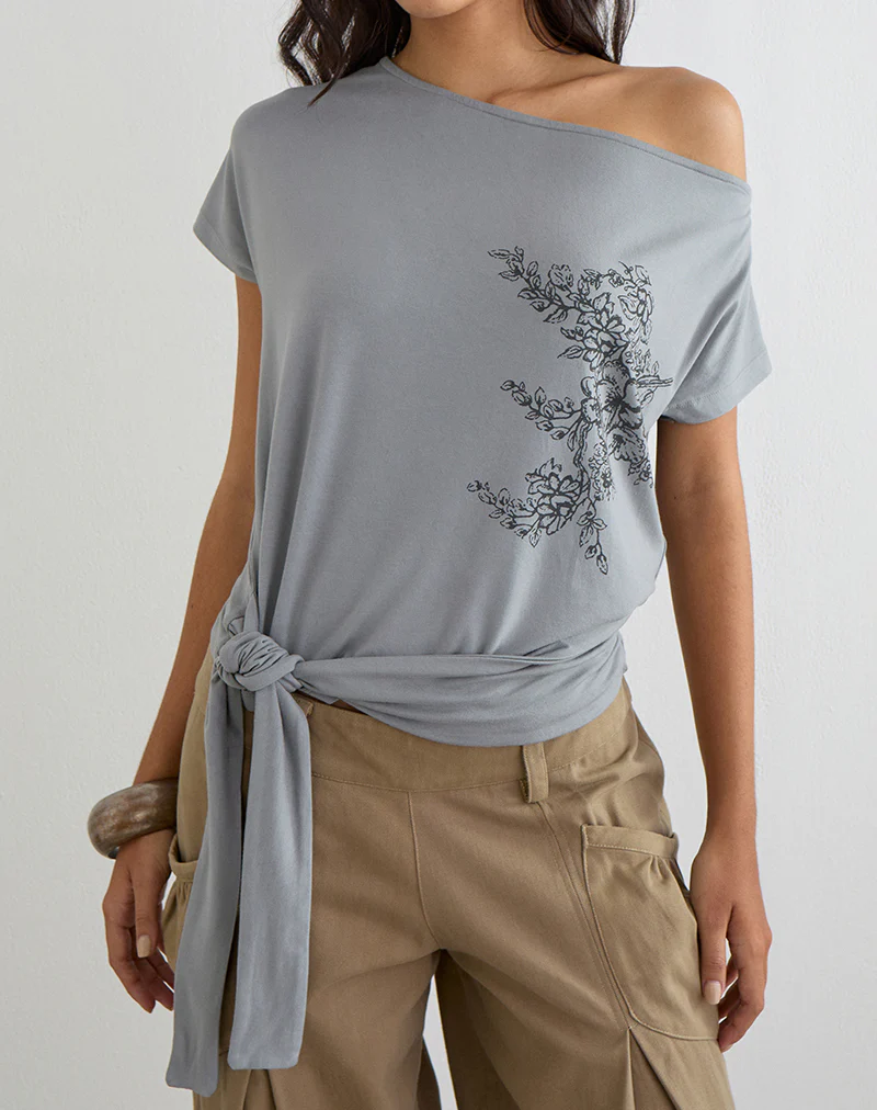 Lola Tie Waist Top in Artistic Floral Grey - Image 2
