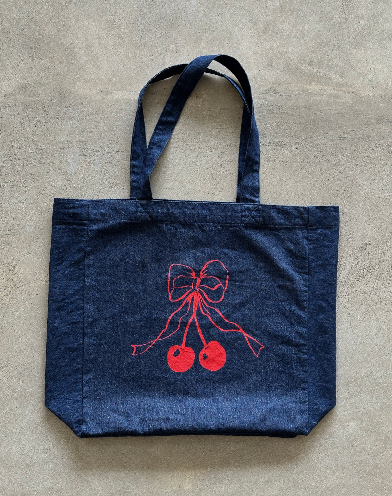 London Tote Bag in Denim Indigo with Cherry Bow Print - Image 3