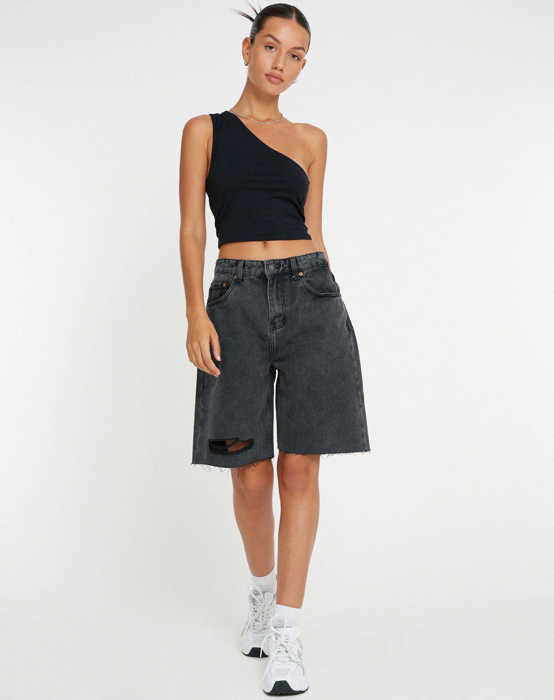 Longline Dad Denim Shorts in Black Wash - Image 3