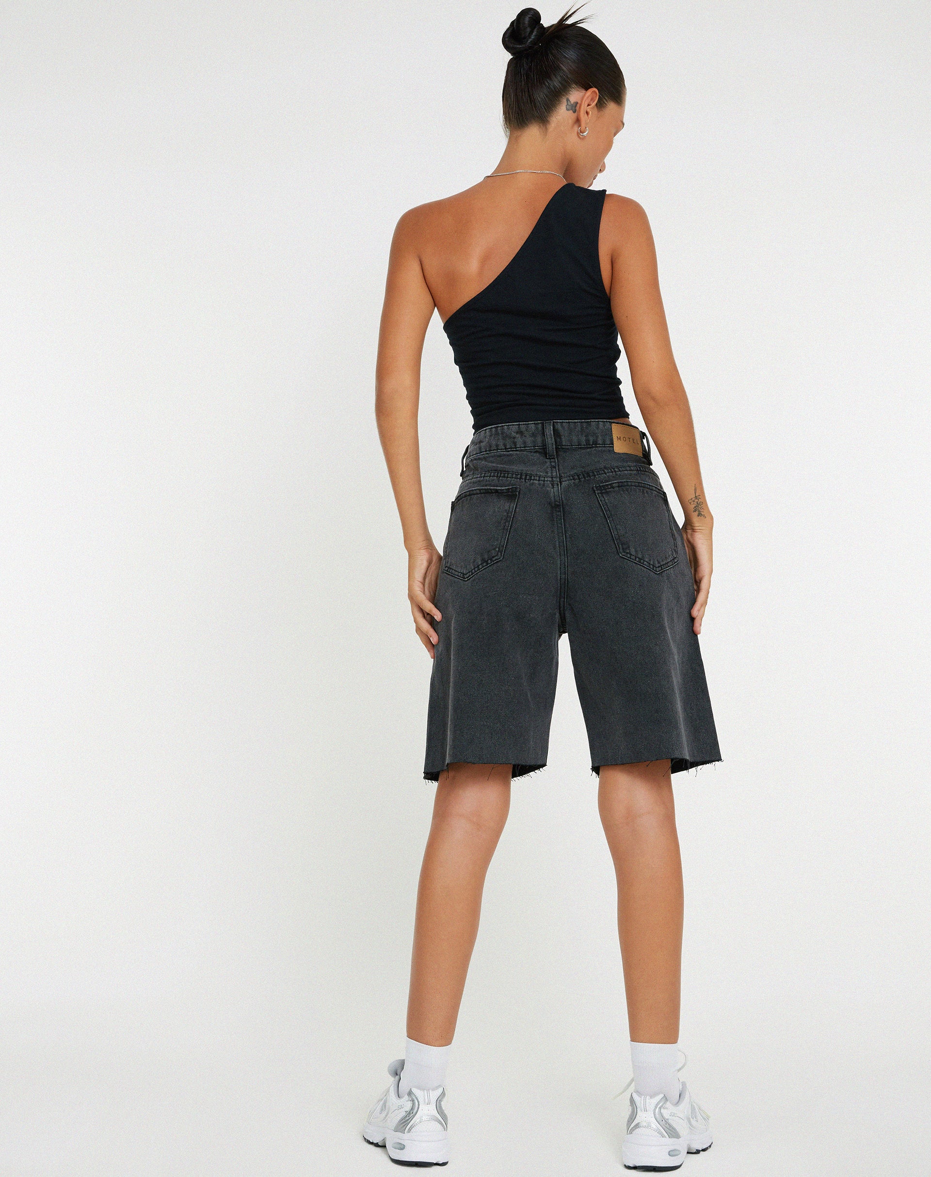 Longline Dad Denim Shorts in Black Wash - Image 4
