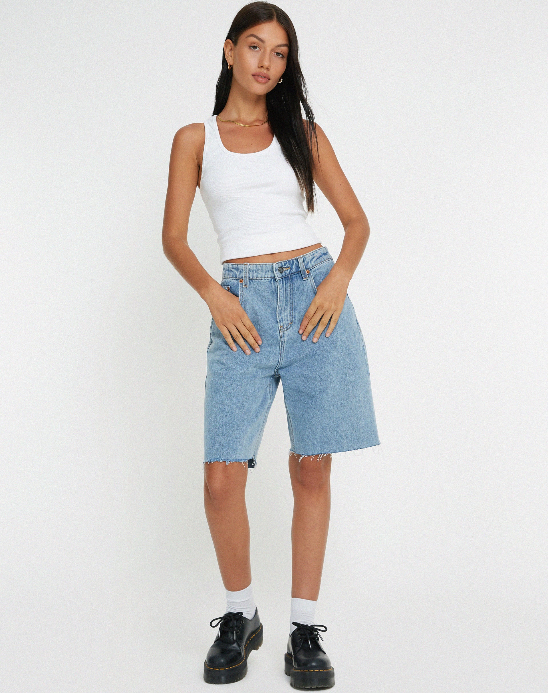 Longline Dad Denim Shorts in Light Wash - Image 3