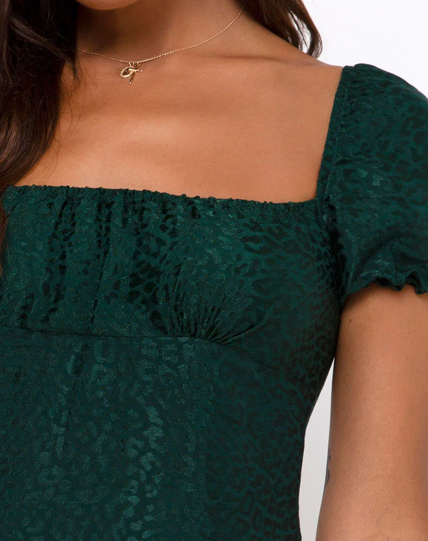 Lonma Mini Dress in Satin Cheetah Forest Green - Image 5