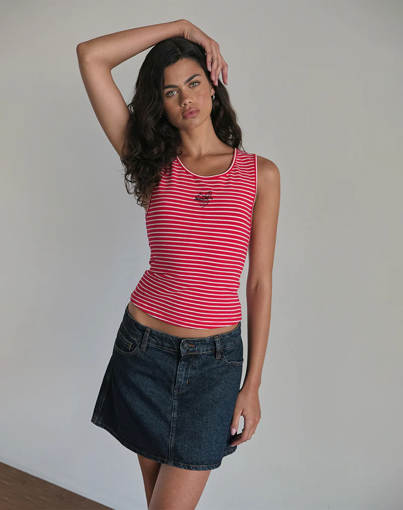 Lorica Tank Top in Red and White Stripe with Strawberry Emb - Image 3
