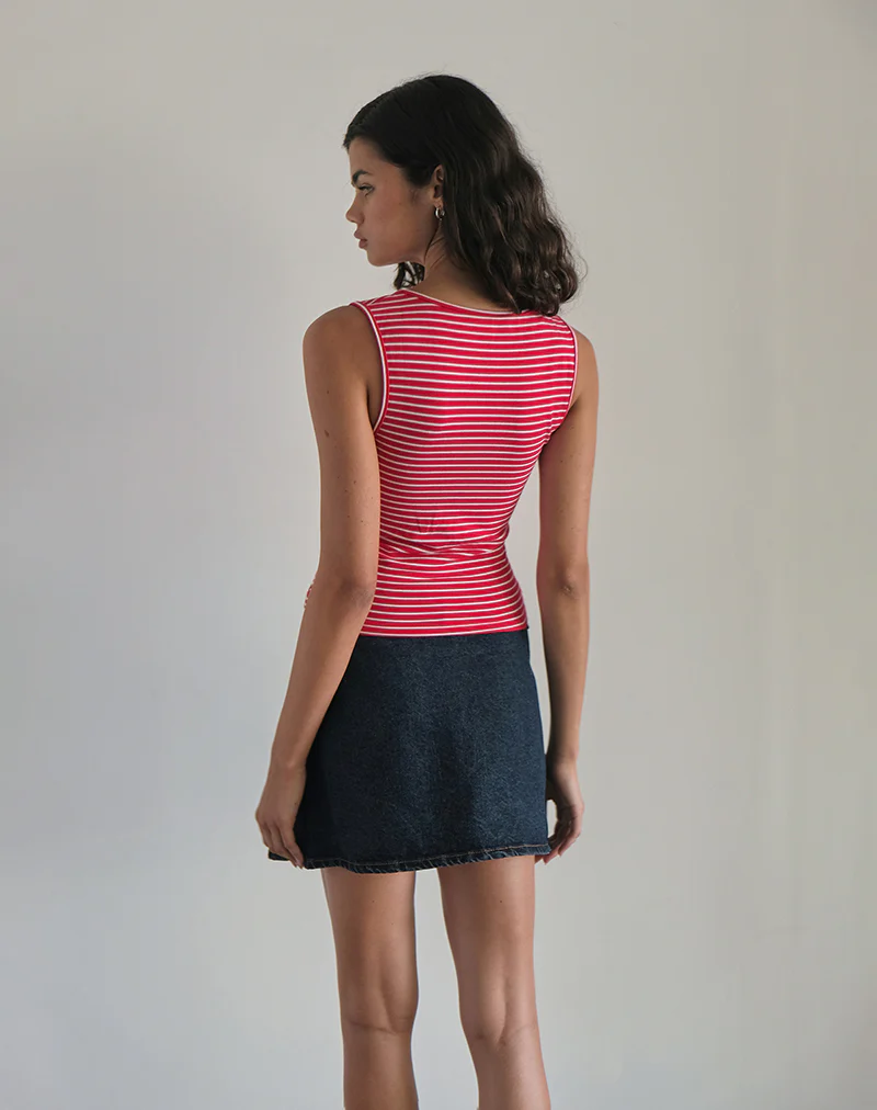 Lorica Tank Top in Red and White Stripe with Strawberry Emb - Image 5