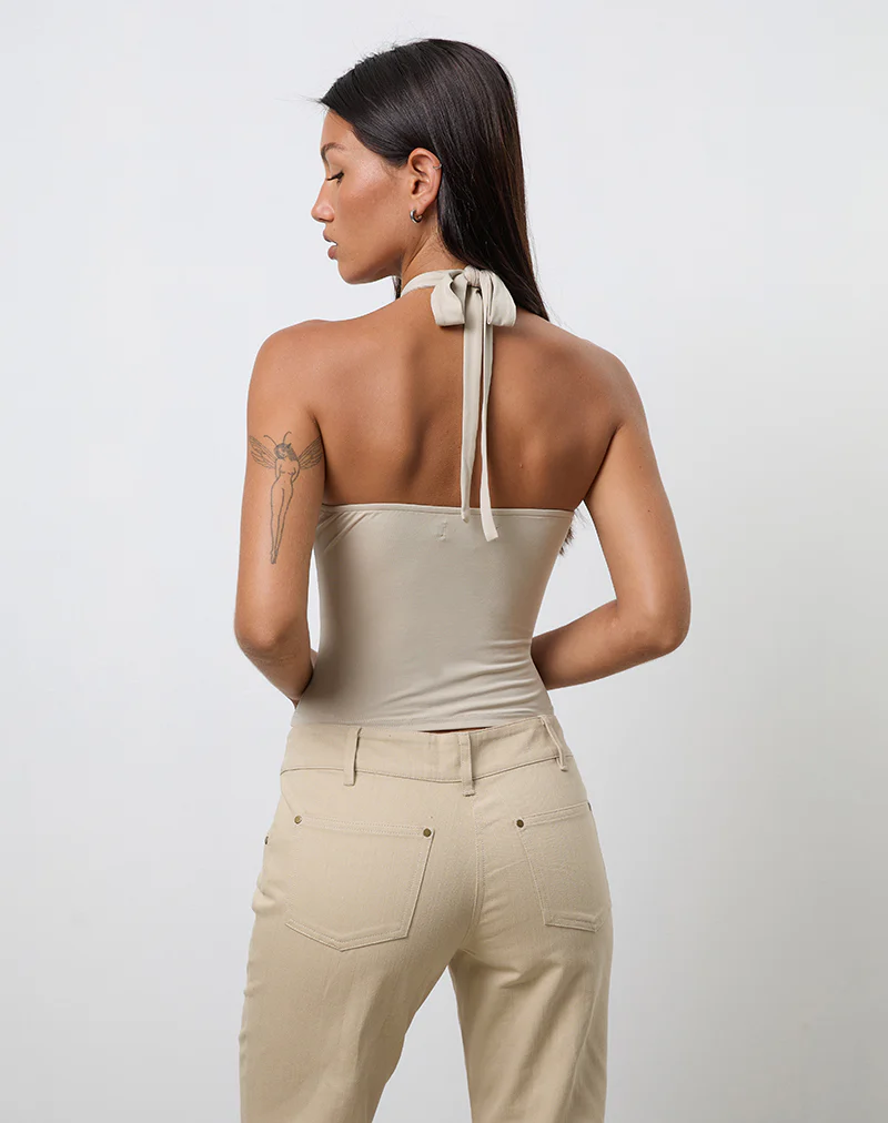 Lorie Halterneck Top in Cupro Oatmilk with Metal Ring - Image 5