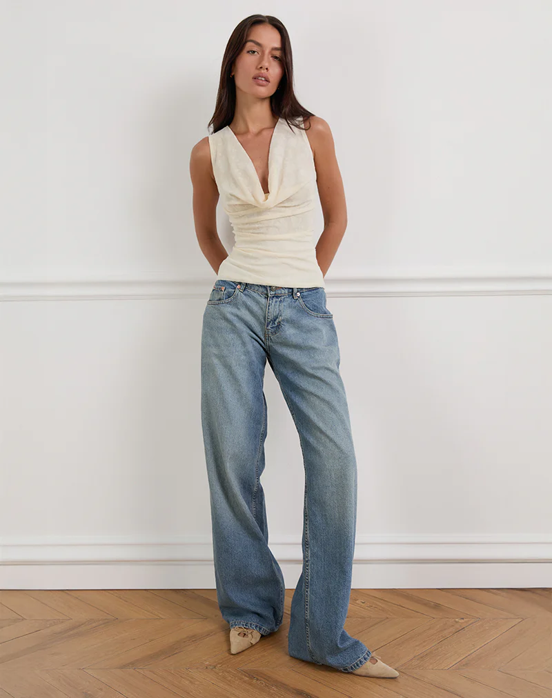 Losa Cowl Neck Top in Floral Flock Cream - Image 2