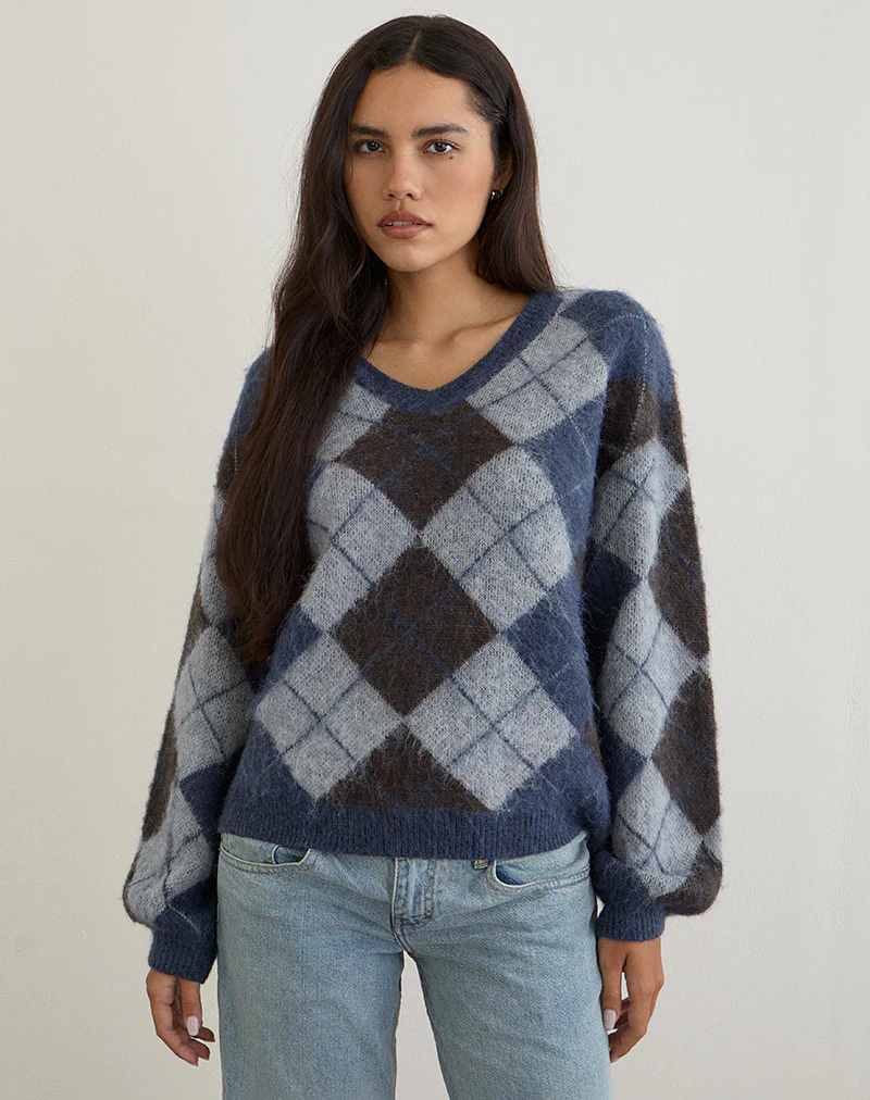 Louna Jumper in Knit Argyle Check Navy - Image 2