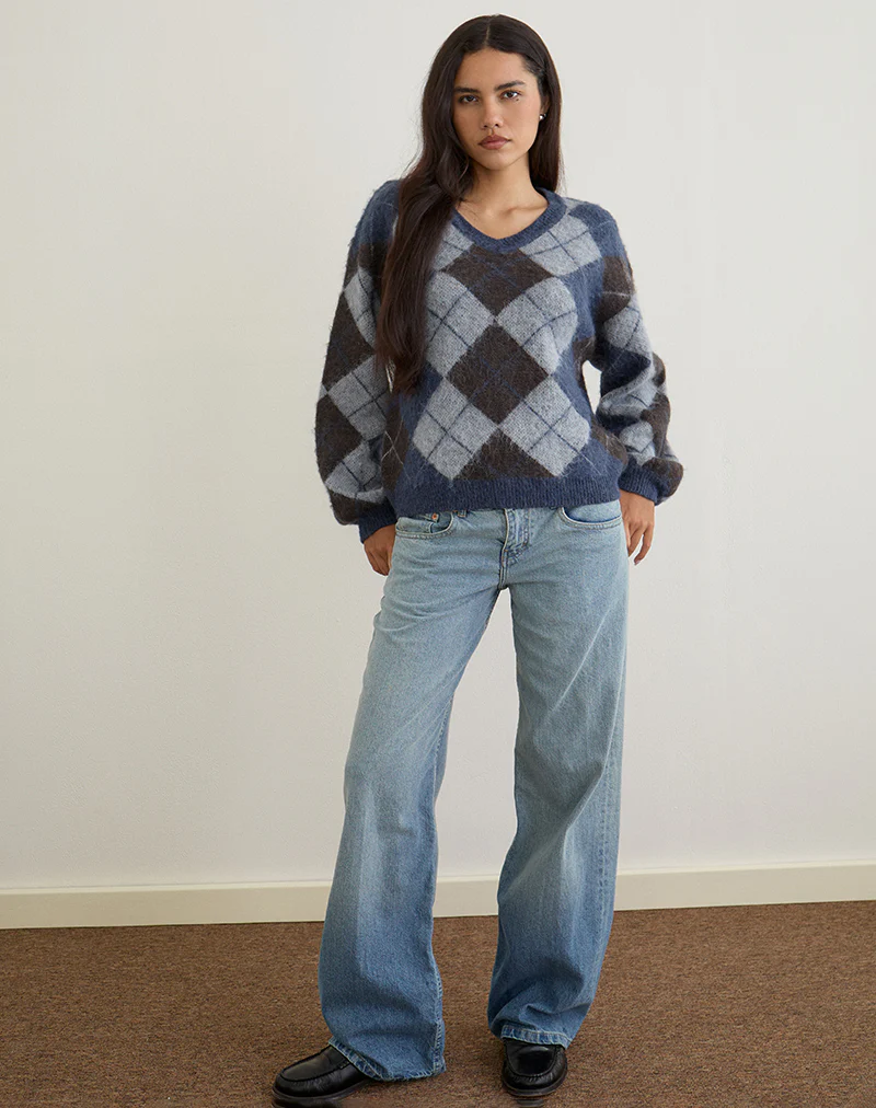 Louna Jumper in Knit Argyle Check Navy - Image 4