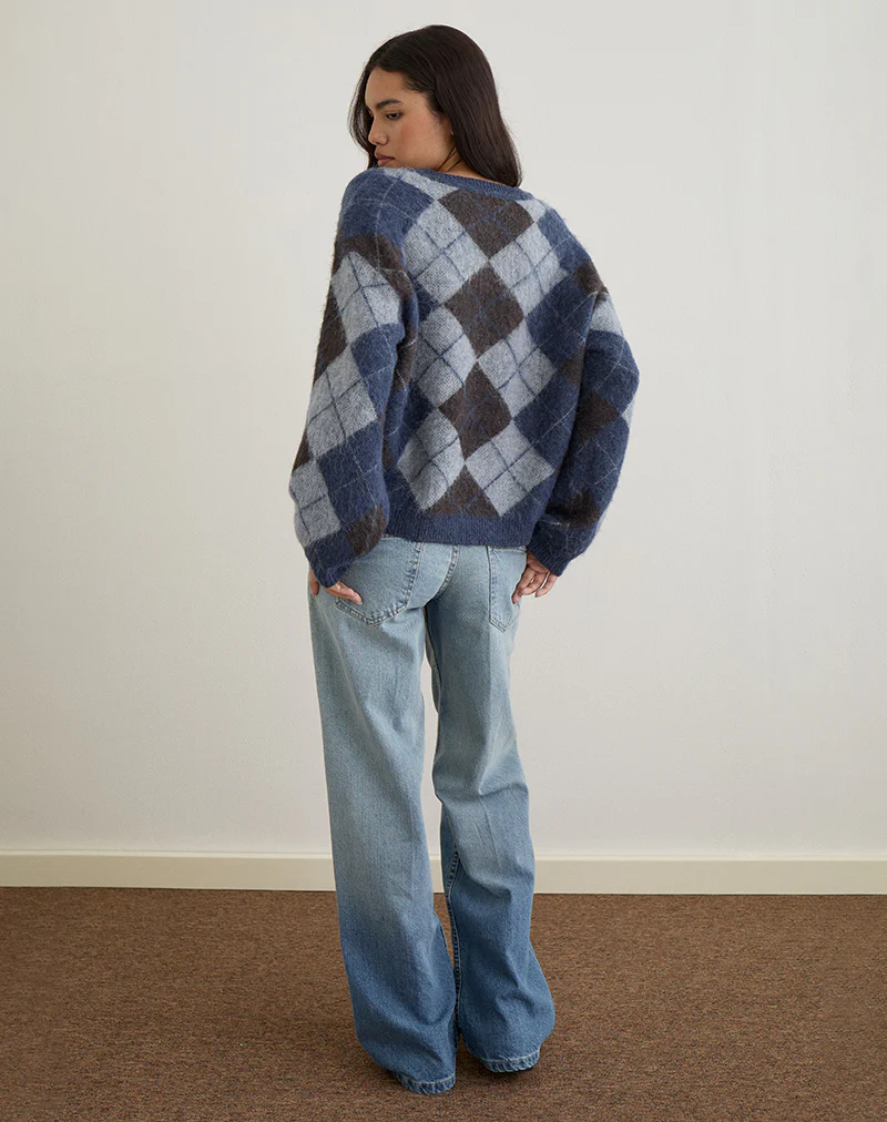 Louna Jumper in Knit Argyle Check Navy - Image 5