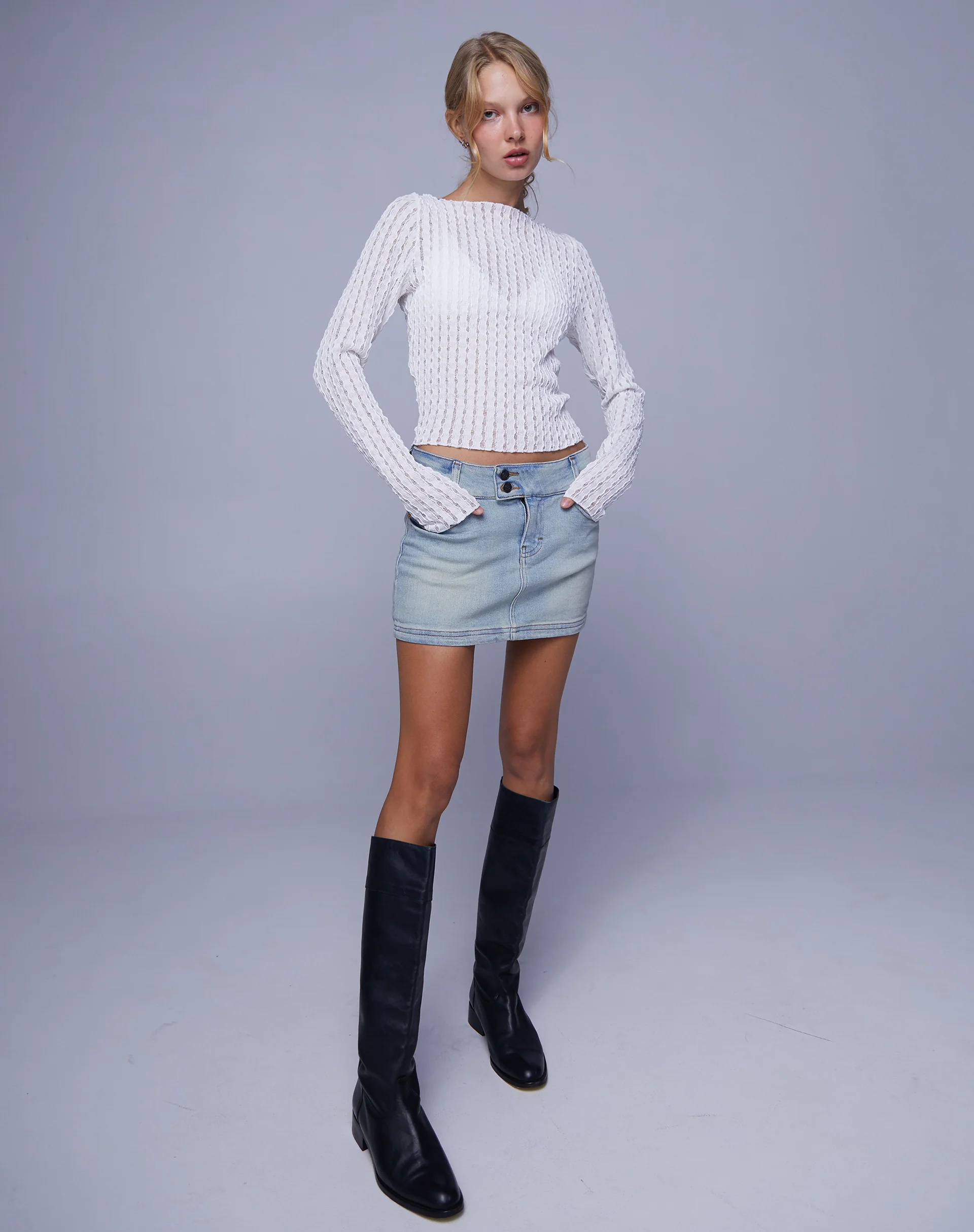 Low Rise Denim Mini Skirt in Super Bleach - Image 2