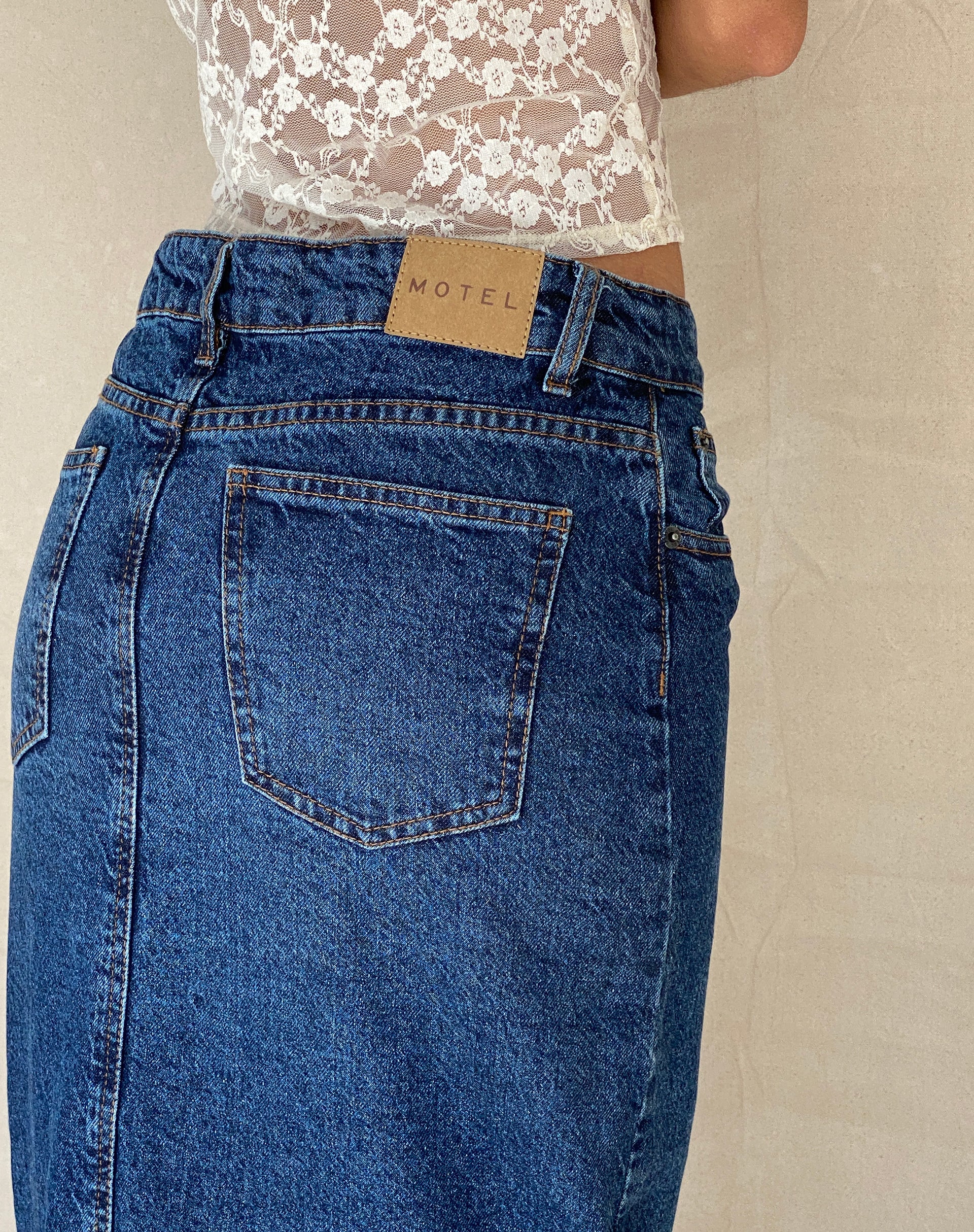 Low Rise Denim Maxi Skirt in Mid Blue Used - Image 2