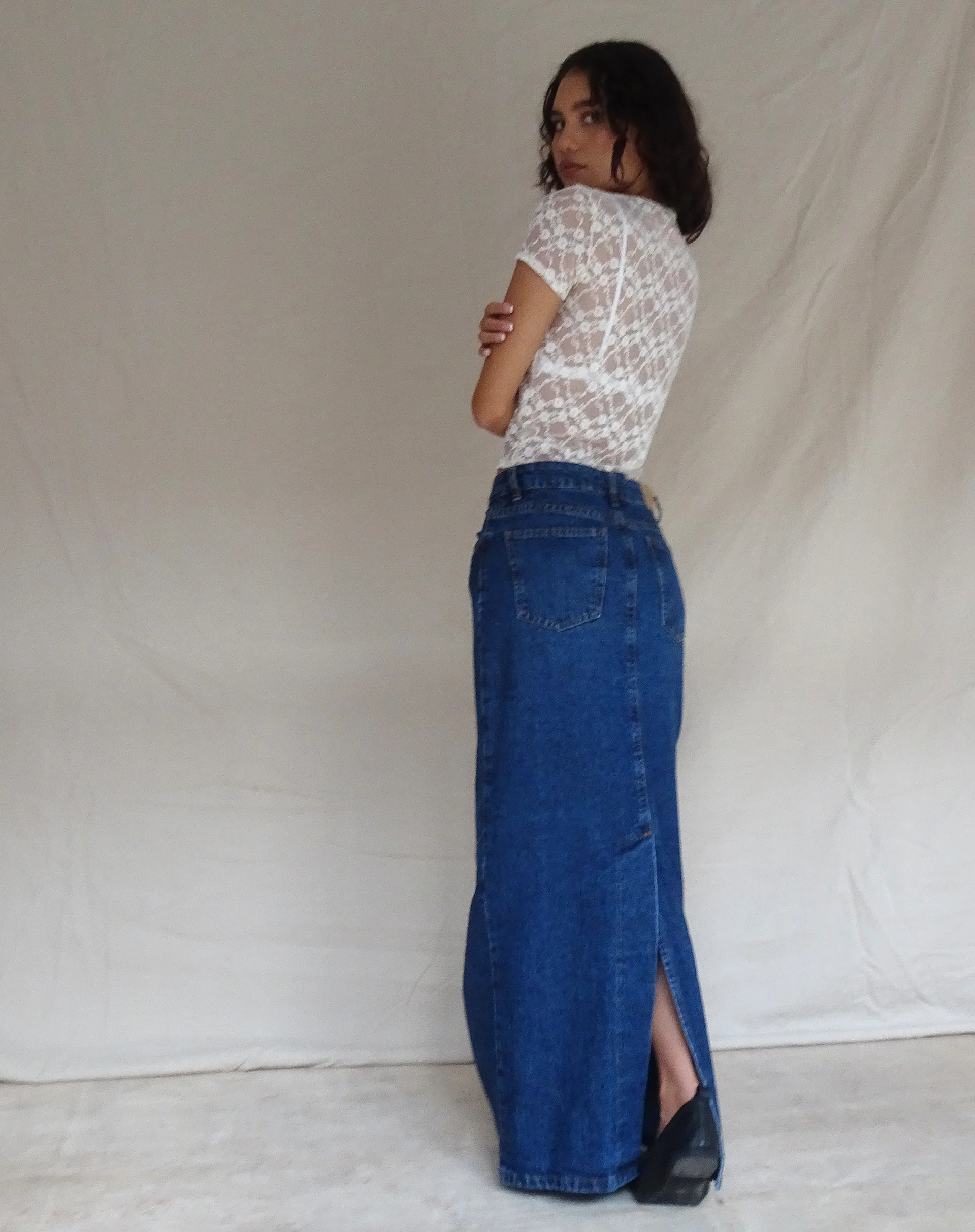 Low Rise Denim Maxi Skirt in Mid Blue Used - Image 5